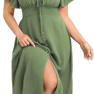 Plus Size Maxi Dress Smocked Square Neck Tie Front A-Line Elegant Dress
